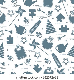 Cute seamless pattern with variety children's goods and toys: bibs, pinwheel, baby bottles, dummy, pyramid and other. Design for poster or print.