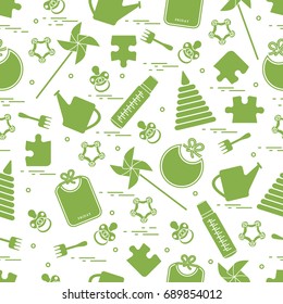 Cute seamless pattern with variety children's goods and toys: bibs, pinwheel, baby bottles, dummy, pyramid and other. Design for poster or print.