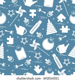 Cute seamless pattern with variety children's goods and toys: bibs, pinwheel, baby bottles, dummy, pyramid and other. Design for poster or print.