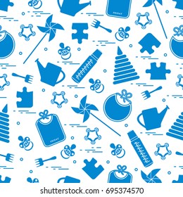 Cute seamless pattern with variety children's goods and toys: bibs, pinwheel, baby bottles, dummy, pyramid and other. Design for poster or print.