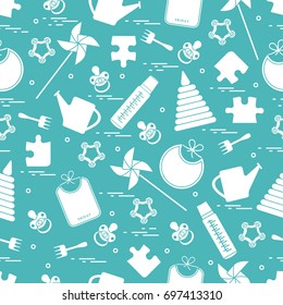 Cute seamless pattern with variety children's goods and toys: bibs, pinwheel, baby bottles, dummy, pyramid and other. Design for poster or print.