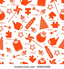 Cute seamless pattern with variety children's goods and toys: bibs, pinwheel, baby bottles, dummy, pyramid and other. Design for poster or print.