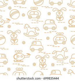 Cute seamless pattern with variety of children's toys: rocking horse, ball, machine, rabbit, helicopter. Design for poster or print.