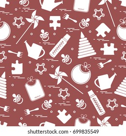 Cute seamless pattern with variety children's goods and toys: bibs, pinwheel, baby bottles, dummy, pyramid and other. Design for poster or print.