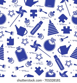 Cute seamless pattern with variety children's goods and toys: bibs, pinwheel, baby bottles, dummy, pyramid and other. Design for poster or print.