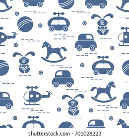 Cute seamless pattern with variety of children's toys: rocking horse, ball, machine, rabbit, helicopter. Design for poster or print.