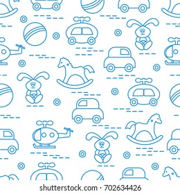 Cute seamless pattern with variety of children's toys: rocking horse, ball, machine, rabbit, helicopter. Design for poster or print.