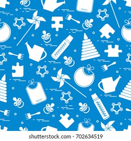 Cute seamless pattern with variety children's goods and toys: bibs, pinwheel, baby bottles, dummy, pyramid and other. Design for poster or print.