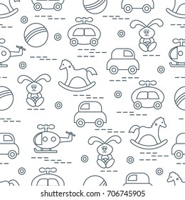 Cute seamless pattern with variety of children's toys: rocking horse, ball, machine, rabbit, helicopter. Design for poster or print.
