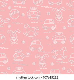 Cute seamless pattern with variety of children's toys: rocking horse, ball, machine, rabbit, helicopter. Design for poster or print.