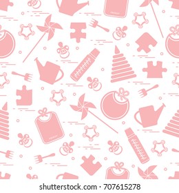Cute seamless pattern with variety children's goods and toys: bibs, pinwheel, baby bottles, dummy, pyramid and other. Design for poster or print.