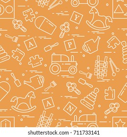 Cute seamless pattern with variety of children's toys: rocking horse, cubes, rattle, pyramid, sorter and other. Design for poster or print.