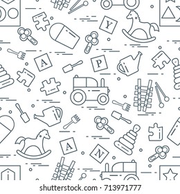 Cute seamless pattern with variety of children's toys: rocking horse, cubes, rattle, pyramid, sorter and other. Design for poster or print.