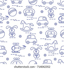 Cute seamless pattern with variety of children's toys: rocking horse, ball, machine, rabbit, helicopter. Design for poster or print.