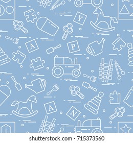 Cute seamless pattern with variety of children's toys: rocking horse, cubes, rattle, pyramid, sorter and other. Design for poster or print.