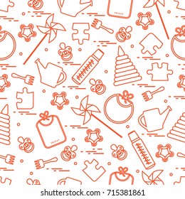 Cute seamless pattern with variety children's goods and toys: bibs, pinwheel, baby bottles, dummy, pyramid and other. Design for poster or print.
