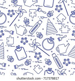 Cute seamless pattern with variety children's goods and toys: bibs, pinwheel, baby bottles, dummy, pyramid and other. Design for poster or print.