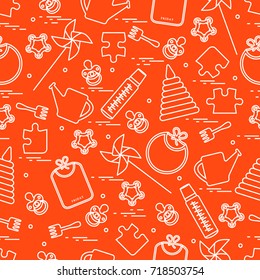 Cute seamless pattern with variety children's goods and toys: bibs, pinwheel, baby bottles, dummy, pyramid and other. Design for poster or print.