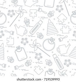 Cute seamless pattern with variety children's goods and toys: bibs, pinwheel, baby bottles, dummy, pyramid and other. Design for poster or print.