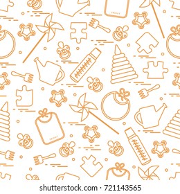Cute seamless pattern with variety children's goods and toys: bibs, pinwheel, baby bottles, dummy, pyramid and other. Design for poster or print.