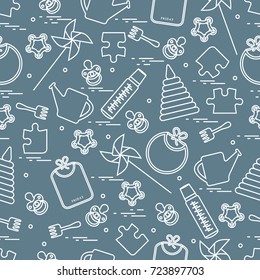 Cute seamless pattern with variety children's goods and toys: bibs, pinwheel, baby bottles, dummy, pyramid and other. Design for poster or print.
