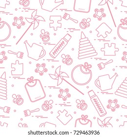 Cute seamless pattern with variety children's goods and toys: bibs, pinwheel, baby bottles, dummy, pyramid and other. Design for poster or print.
