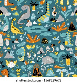 Cute seamless pattern with a variety of dinosaurs, birds, snakes, insects in the jungle, tropics, volcanoes, palm trees, clouds, eggs. Baby vector illustration in scandinavian style.