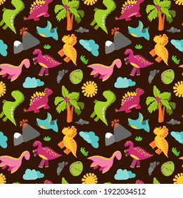 Cute seamless pattern with a variety of dinosaurs, dragons, birds, in the tropics, volcanoes, palm trees, clouds, eggs. Children's vector illustration for printing on textiles.