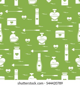 Cute seamless pattern with various accessories for the care of your body and hair: perfume bottles, cream, hair spray and other. Design element for postcard, banner, flyer, poster or print. 