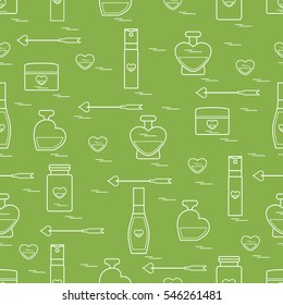 Cute seamless pattern with various accessories for the care of your body and hair: perfume bottles, cream, hair spray and other. Design element for postcard, banner, flyer, poster or print. 