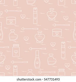 Cute seamless pattern with various accessories for the care of your body and hair: perfume bottles, cream, hair spray and other. Design element for postcard, banner, flyer, poster or print. 