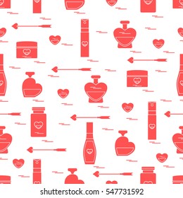 Cute seamless pattern with various accessories for the care of your body and hair: perfume bottles, cream, hair spray and other. Design element for postcard, banner, flyer, poster or print. 