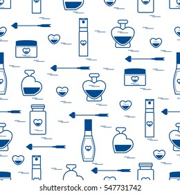 Cute seamless pattern with various accessories for the care of your body and hair: perfume bottles, cream, hair spray and other. Design element for postcard, banner, flyer, poster or print. 