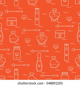 Cute seamless pattern with various accessories for the care of your body and hair: perfume bottles, cream, hair spray and other. Design element for postcard, banner, flyer, poster or print. 