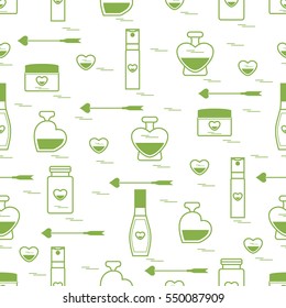 Cute seamless pattern with various accessories for the care of your body and hair: perfume bottles, cream, hair spray and other. Design element for postcard, banner, flyer, poster or print. 