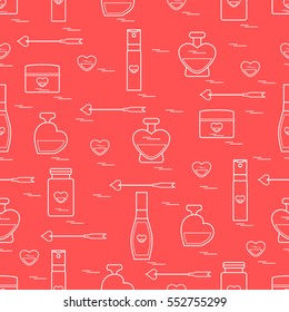 Cute seamless pattern with various accessories for the care of your body and hair: perfume bottles, cream, hair spray and other. Design element for postcard, banner, flyer, poster or print. 