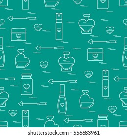 Cute seamless pattern with various accessories for the care of your body and hair: perfume bottles, cream, hair spray and other. Design element for postcard, banner, flyer, poster or print. 
