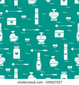 Cute seamless pattern with various accessories for the care of your body and hair: perfume bottles, cream, hair spray and other. Design element for postcard, banner, flyer, poster or print. 