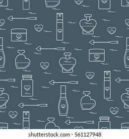 Cute seamless pattern with various accessories for the care of your body and hair: perfume bottles, cream, hair spray and other. Design element for postcard, banner, flyer, poster or print. 