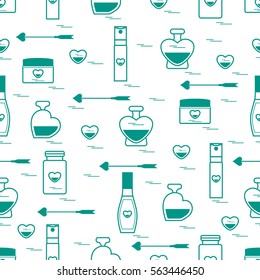 Cute seamless pattern with various accessories for the care of your body and hair: perfume bottles, cream, hair spray and other. Design element for postcard, banner, flyer, poster or print. 