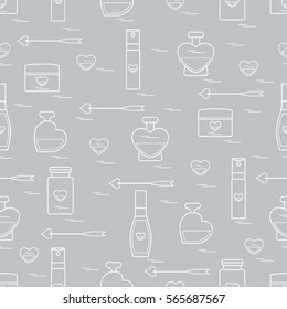 Cute seamless pattern with various accessories for the care of your body and hair: perfume bottles, cream, hair spray and other. Design element for postcard, banner, flyer, poster or print. 
