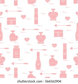 Cute seamless pattern with various accessories for the care of your body and hair: perfume bottles, cream, hair spray and other. Design element for postcard, banner, flyer, poster or print. 