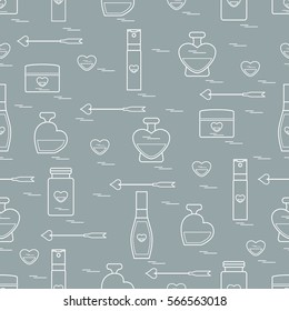 Cute seamless pattern with various accessories for the care of your body and hair: perfume bottles, cream, hair spray and other. Design element for postcard, banner, flyer, poster or print. 