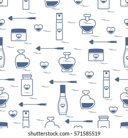 Cute seamless pattern with various accessories for the care of your body and hair: perfume bottles, cream, hair spray and other. Design element for postcard, banner, flyer, poster or print. 