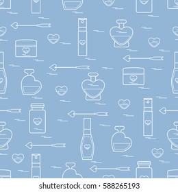 Cute seamless pattern with various accessories for the care of your body and hair: perfume bottles, cream, hair spray and other. Design element for postcard, banner, flyer, poster or print. 