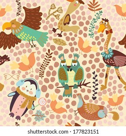 Cute seamless pattern with ?ute various birds.Penguin, ostrich, eagle, owl, duck, quail, bird .Seamless pattern can be used for wallpaper, pattern fills, web page background,surface textures.