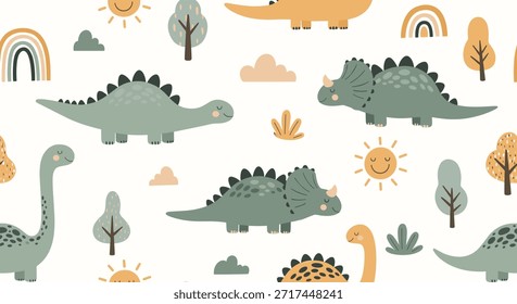 Padrão perfeito bonito de várias espécies de dinossauros com sóis sorridentes e arco-íris em um fundo branco limpo para desenhos de crianças.