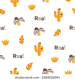 Cute seamless pattern with various dinosaurs, mountains, volcanoes, palm trees, clouds, eggs, footprints. Vector illustration. Creative kids background for fabric