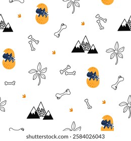 Cute seamless pattern with various dinosaurs, mountains, volcanoes, palm trees, clouds, eggs, footprints. Vector illustration. Creative kids background for fabric