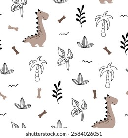 Cute seamless pattern with various dinosaurs, mountains, volcanoes, palm trees, clouds, eggs, footprints. Vector illustration. Creative kids background for fabric